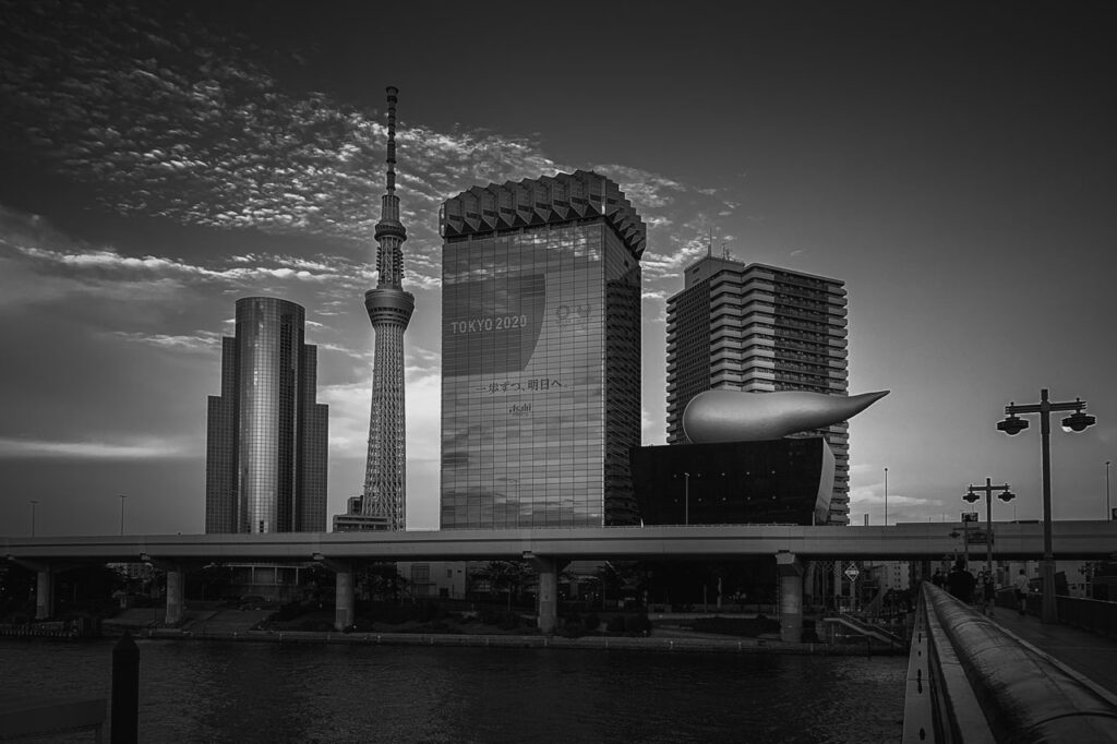 Sumida Ward Offer, Tokyo Skytree, Asahi building, UR Apartment Riverpier black and white view from Sumida River near Asakusa Station Gate
