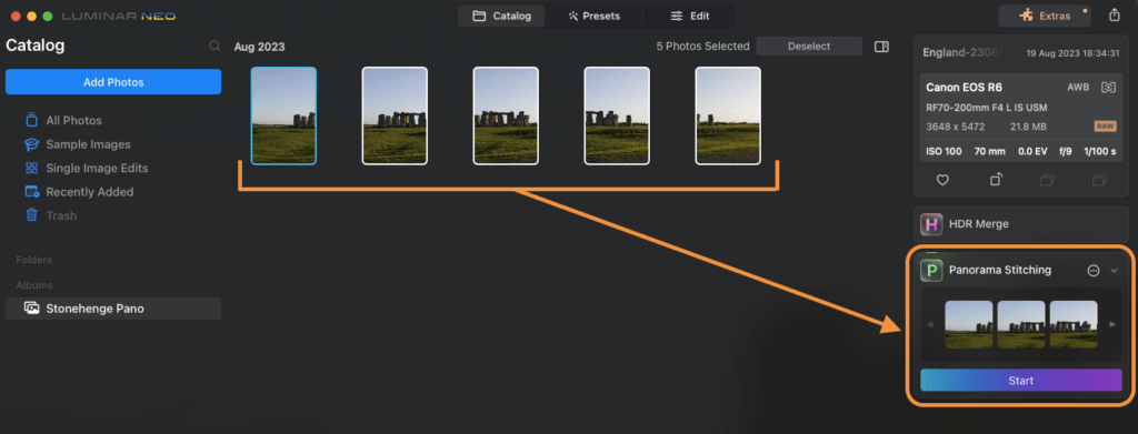 Drag and Drop Photos in Panorama Stitching Panel in Luminar Neo