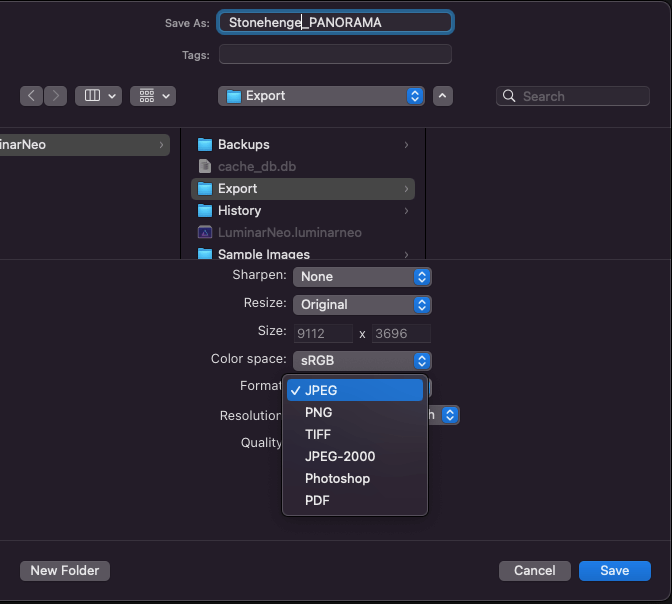 Luminar Neo Export Options and Settings