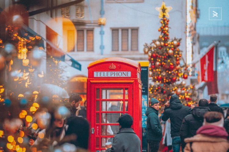Red Telephone Booth in London Streets during London Christmas Lights